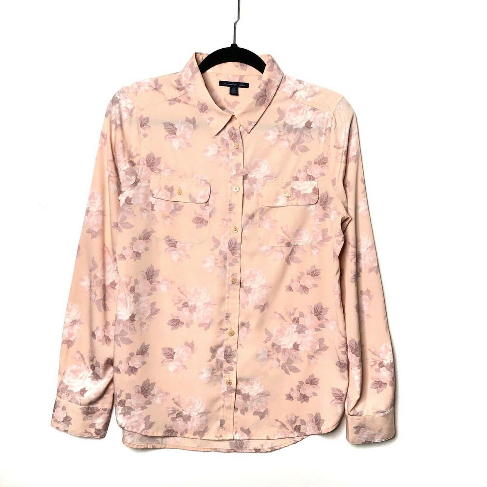 American Eagle Floral Button Up Shirt Chiffon Blouse Long Sleeve Pink Size M